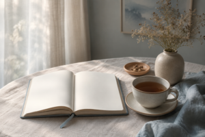 Open blank notebook beside a cup of tea on a marble table