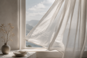 Sheer white curtain lifting in the breeze by a bright window