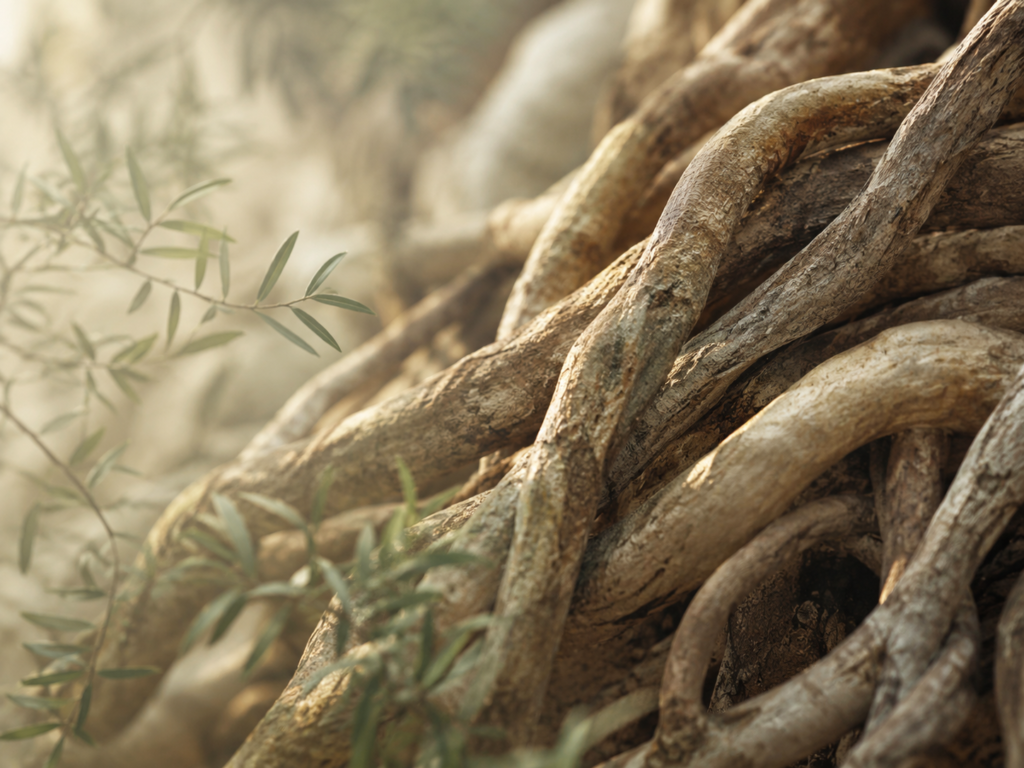 Close-up of weathered tree roots intertwined with soft green leaves