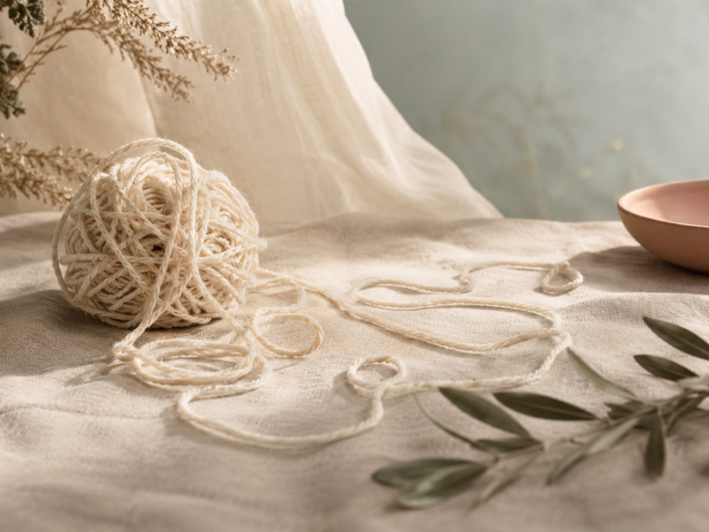 Ball of cream yarn unwinding on soft linen in warm light