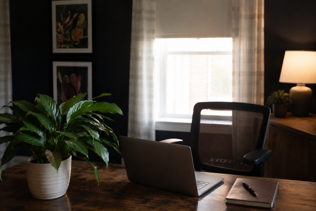 Desk, chair and warm lamp by the window in a navy-walled therapy office