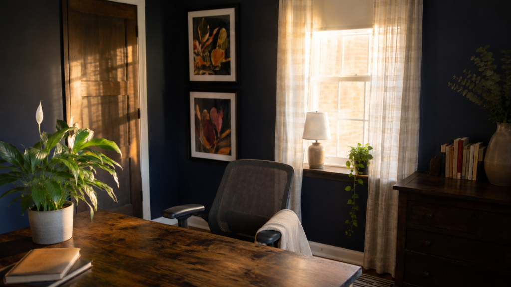 Kate Bergman's navy-walled Beachwood therapy office with plants, lamp and framed art